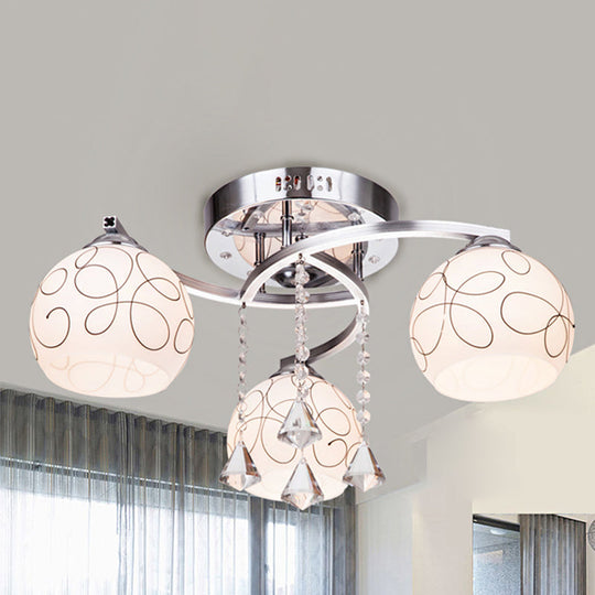 Modern Opal Glass Semi Flush Ceiling Light with Crystal Drop - 3/5 Lights, Chrome Finish