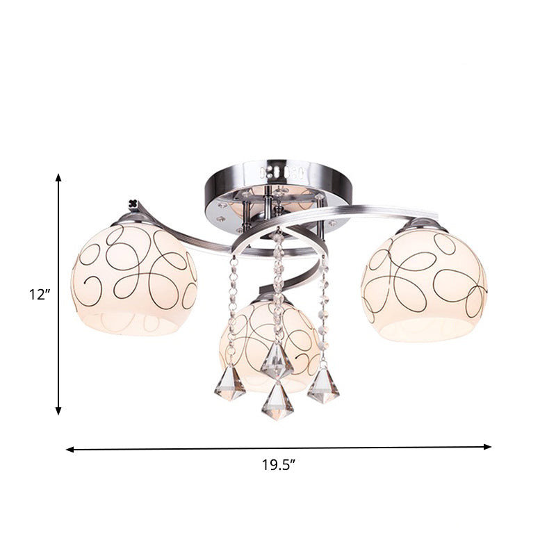 Modern Opal Glass Semi Flush Ceiling Light with Crystal Drop - 3/5 Lights, Chrome Finish