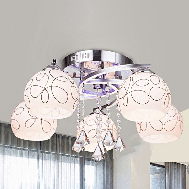 Modern Opal Glass Semi Flush Ceiling Light with Crystal Drop - 3/5 Lights, Chrome Finish