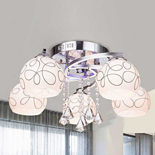 Modern Opal Glass Semi Flush Ceiling Light With Crystal Drop - 3/5 Lights Chrome Finish 5 /