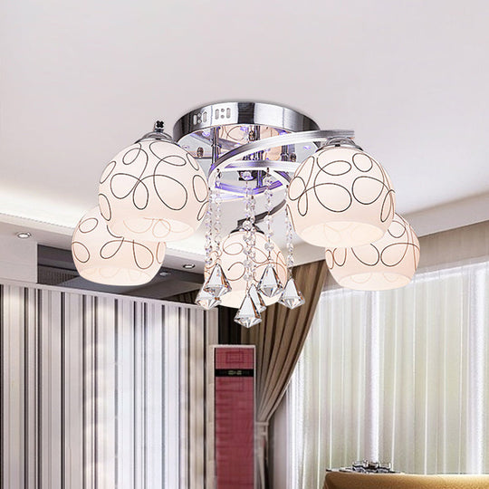 Modern Opal Glass Semi Flush Ceiling Light with Crystal Drop - 3/5 Lights, Chrome Finish