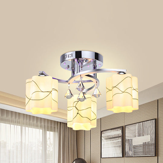 Sleek Chrome Ceiling Flush Mount with Frosted Glass Scalloped Semi Flush Design & Crystal Drop - 3/5 Bulbs