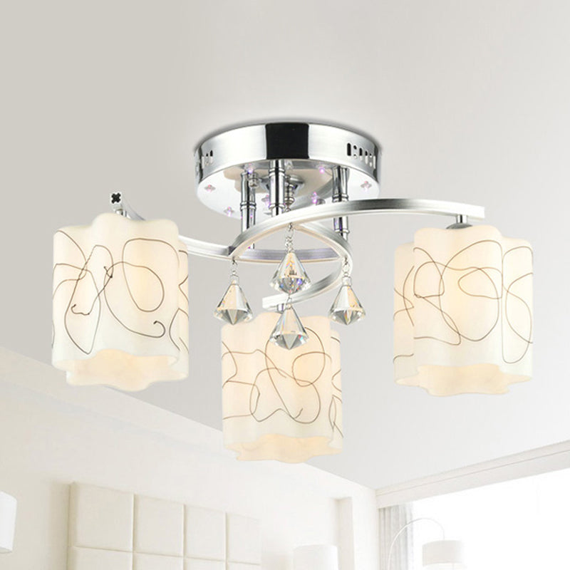 Sleek Chrome Ceiling Flush Mount with Frosted Glass Scalloped Semi Flush Design & Crystal Drop - 3/5 Bulbs