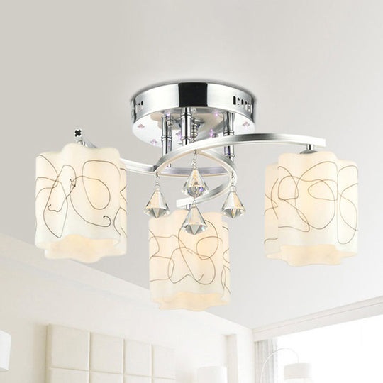 Sleek Chrome Ceiling Flush Mount With Frosted Glass Scalloped Semi Design & Crystal Drop - 3/5 Bulbs