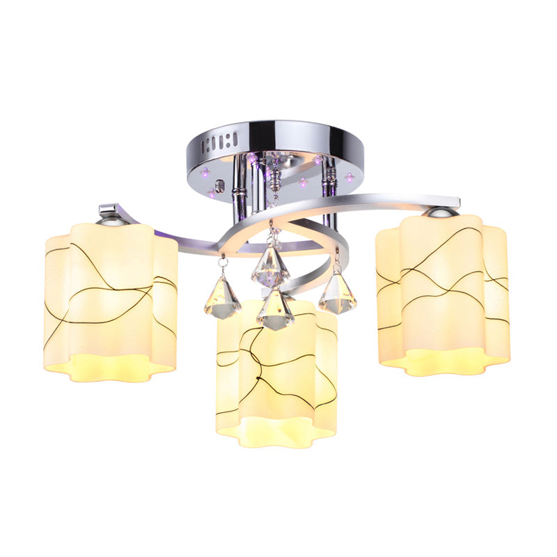 Sleek Chrome Ceiling Flush Mount with Frosted Glass Scalloped Semi Flush Design & Crystal Drop - 3/5 Bulbs