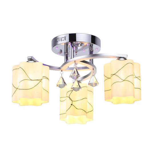 Sleek Chrome Ceiling Flush Mount With Frosted Glass Scalloped Semi Design & Crystal Drop - 3/5 Bulbs