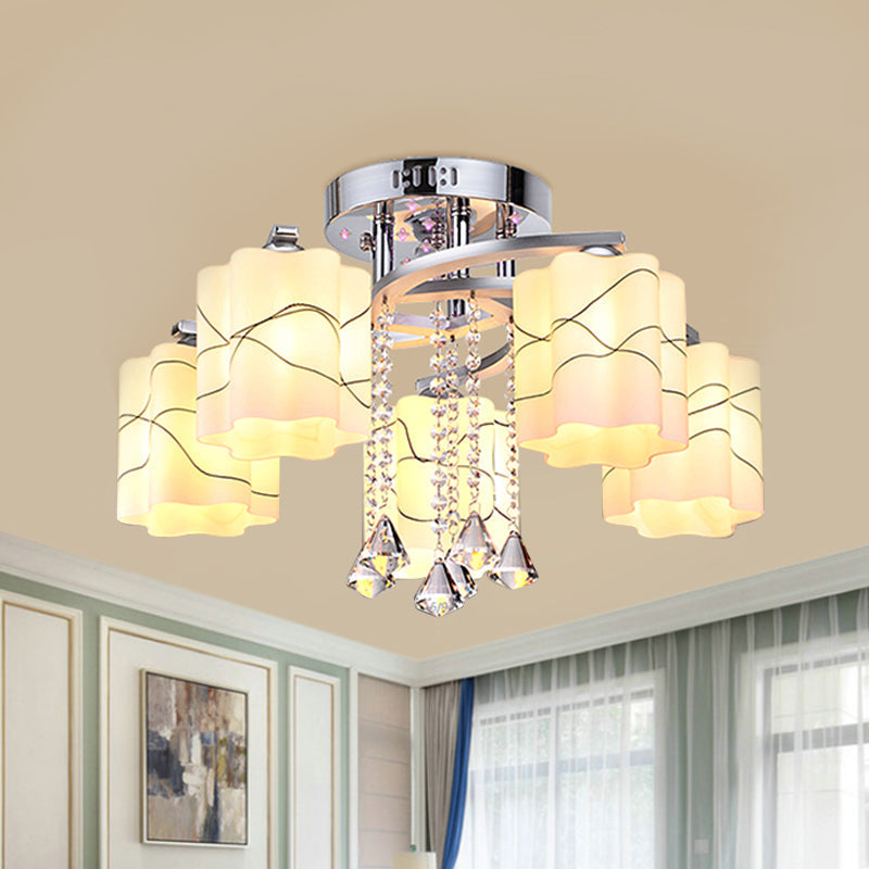 Sleek Chrome Ceiling Flush Mount with Frosted Glass Scalloped Semi Flush Design & Crystal Drop - 3/5 Bulbs