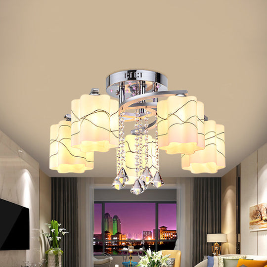 Sleek Chrome Ceiling Flush Mount with Frosted Glass Scalloped Semi Flush Design & Crystal Drop - 3/5 Bulbs