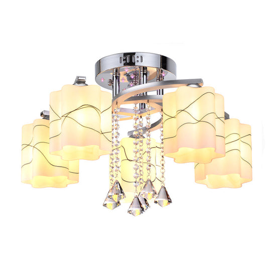 Sleek Chrome Ceiling Flush Mount with Frosted Glass Scalloped Semi Flush Design & Crystal Drop - 3/5 Bulbs