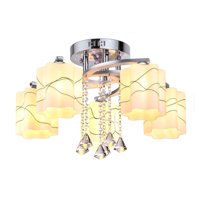 Sleek Chrome Ceiling Flush Mount With Frosted Glass Scalloped Semi Design & Crystal Drop - 3/5 Bulbs