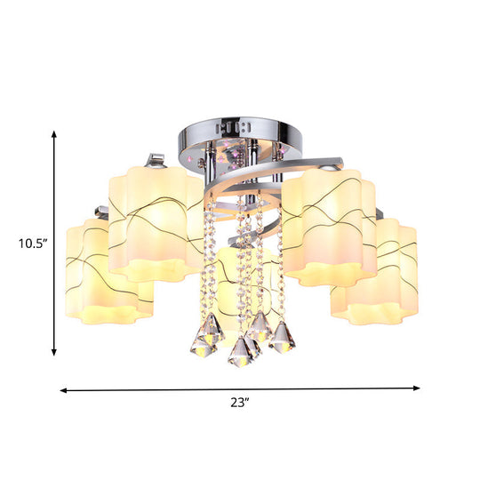 Sleek Chrome Ceiling Flush Mount with Frosted Glass Scalloped Semi Flush Design & Crystal Drop - 3/5 Bulbs