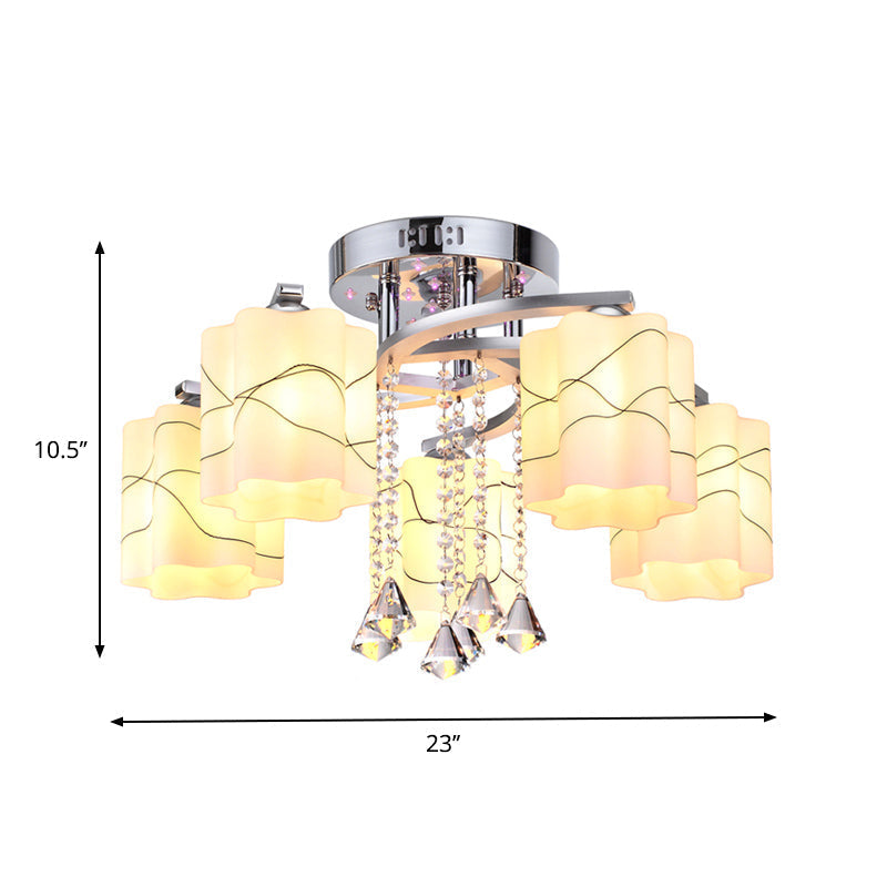 Sleek Chrome Ceiling Flush Mount With Frosted Glass Scalloped Semi Design & Crystal Drop - 3/5 Bulbs