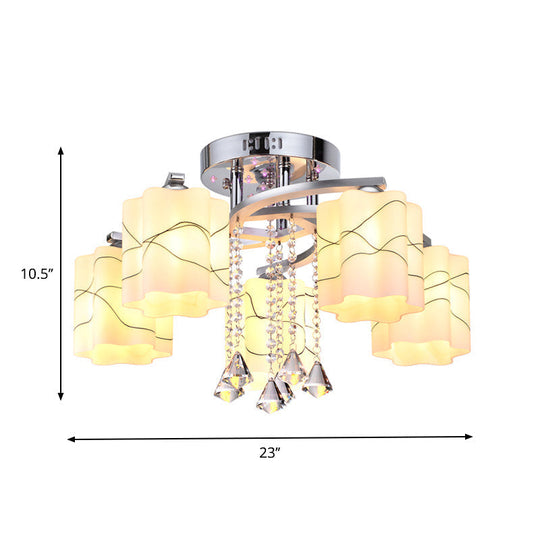 Sleek Chrome Ceiling Flush Mount With Frosted Glass Scalloped Semi Design & Crystal Drop - 3/5 Bulbs