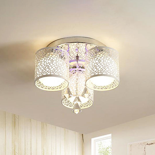 Sleek Metal Chrome Semi Flush Light: Modern Cylinder Design With Frosted Glass Shade & Crystal