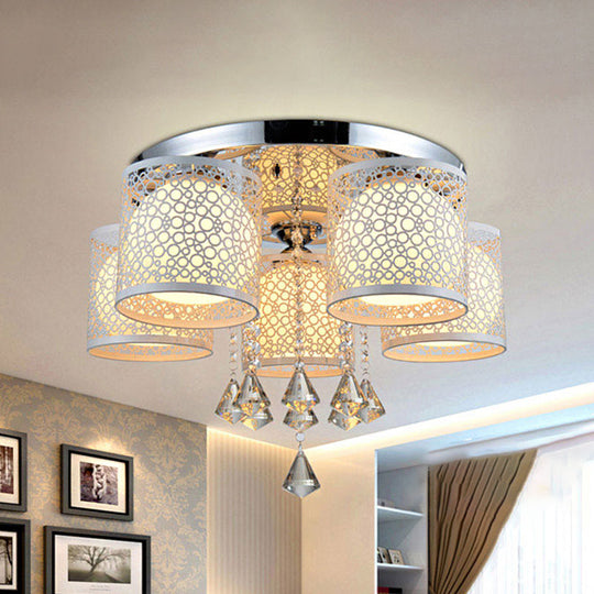 Sleek Metal Chrome Semi Flush Light: Modern Cylinder Design With Frosted Glass Shade & Crystal