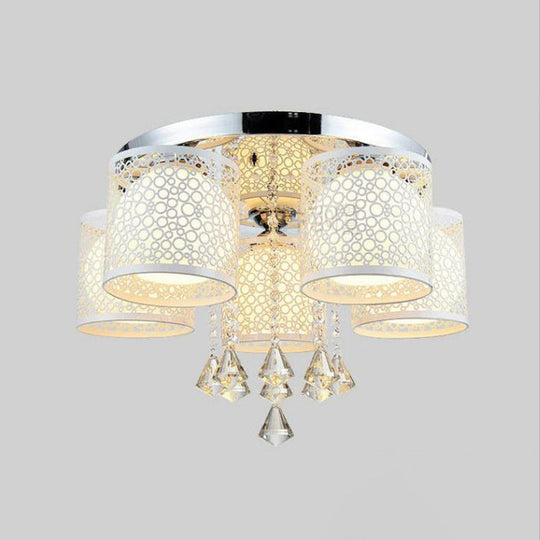 Sleek Metal Chrome Semi Flush Light: Modern Cylinder Design With Frosted Glass Shade & Crystal