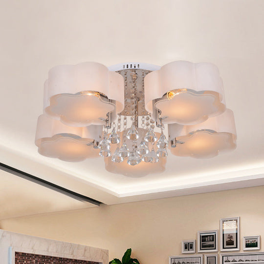 5-Head Acrylic Ceiling Light - Chrome Plum Blossom Flushmount with Crystal Drop - Elegant Bedroom Lighting