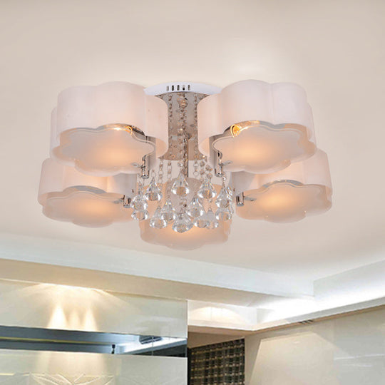 5-Head Acrylic Ceiling Light - Chrome Plum Blossom Flushmount with Crystal Drop - Elegant Bedroom Lighting