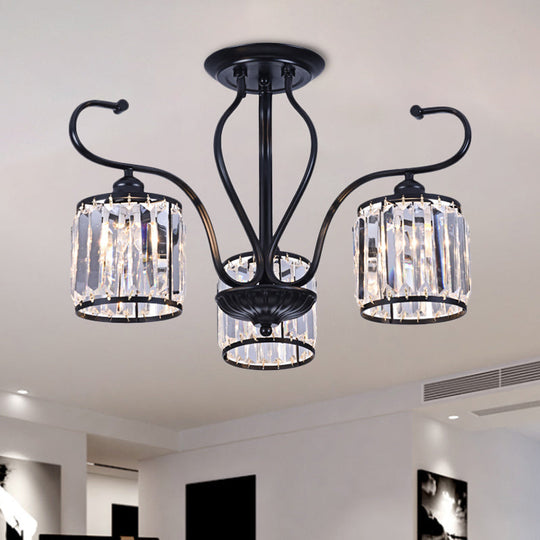 Modern 3/6-Light Cylindrical Crystal Semi Mount Ceiling Light - Black, for Living Room