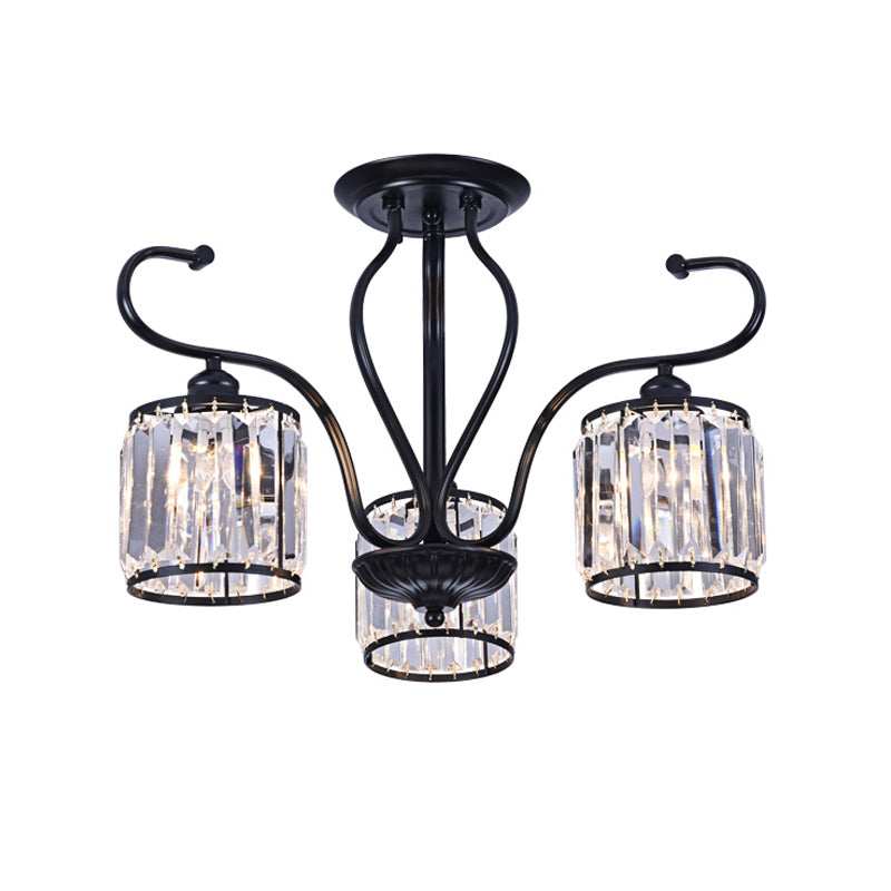 Modern 3/6-Light Cylindrical Crystal Semi Mount Ceiling Light - Black, for Living Room