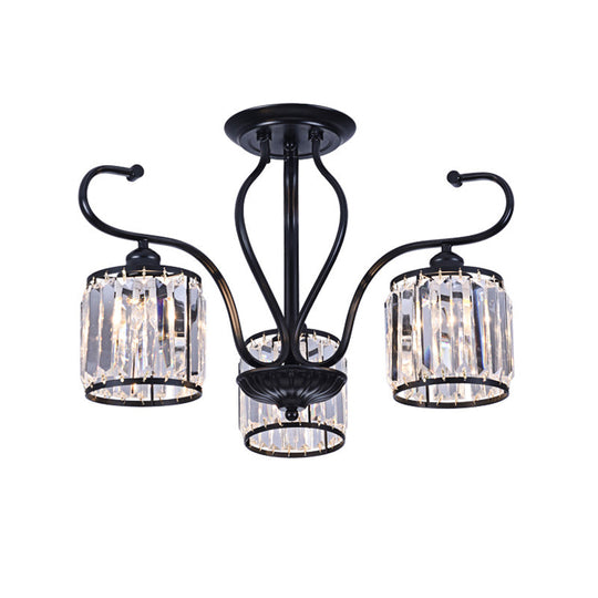 Modern 3/6-Light Cylindrical Crystal Semi Mount Ceiling Light - Black, for Living Room