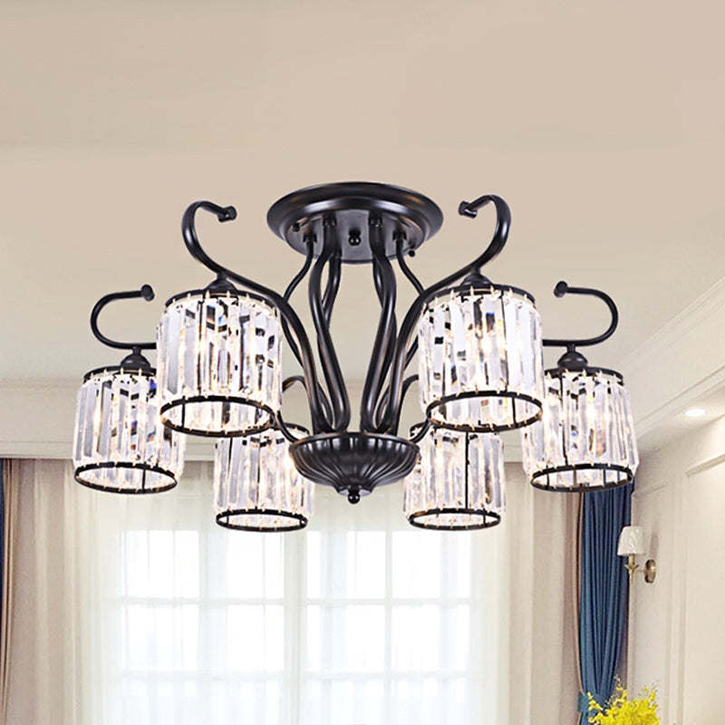 Modern 3/6-Light Cylindrical Crystal Semi Mount Ceiling Light - Black For Living Room