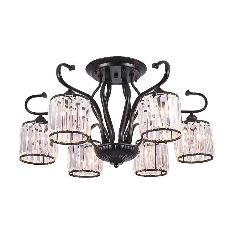 Modern 3/6-Light Cylindrical Crystal Semi Mount Ceiling Light - Black, for Living Room