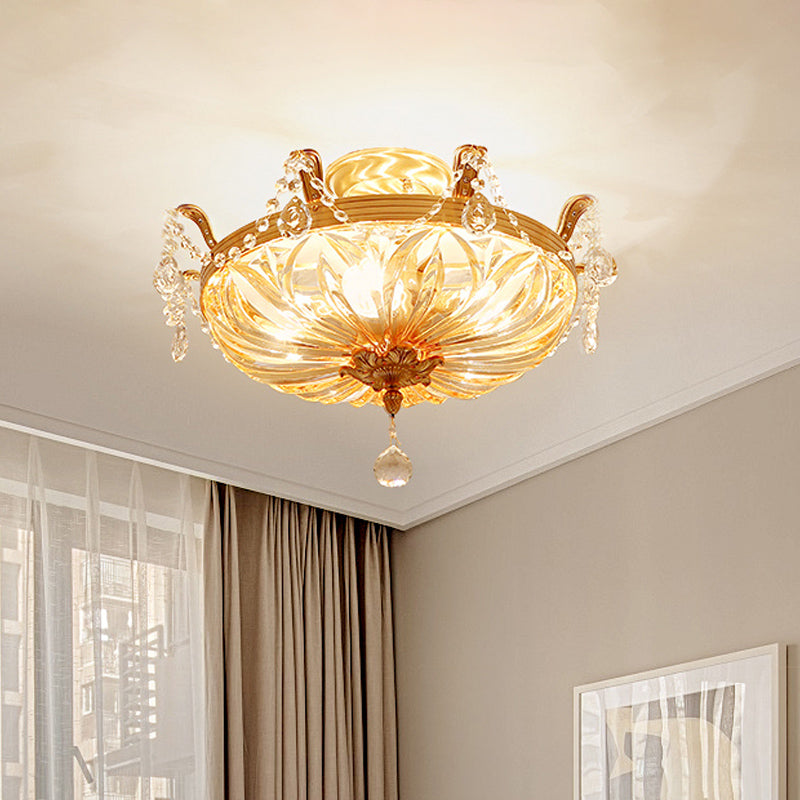 Semi Flush Amber Crystal Glass Brass 5-Bulb Modern Light Fixture for Bedroom