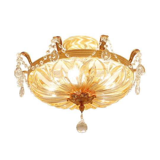 Semi Flush Amber Crystal Glass Brass 5-Bulb Modern Light Fixture for Bedroom