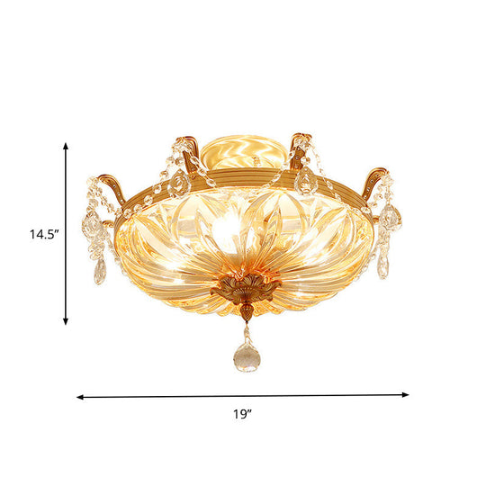 Semi Flush Amber Crystal Glass Brass 5-Bulb Modern Light Fixture for Bedroom