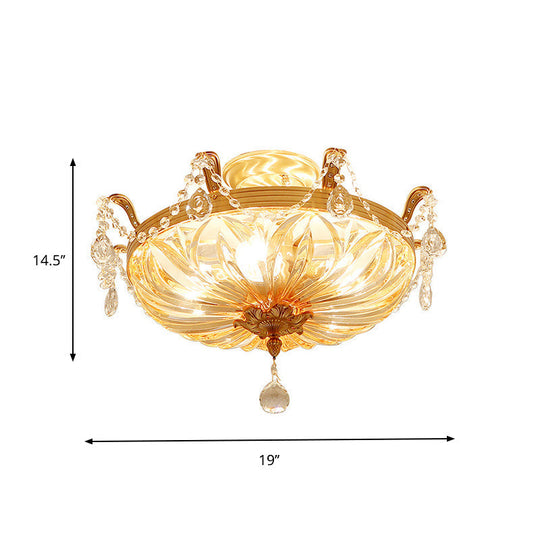 Semi Flush Amber Crystal Glass Brass 5-Bulb Modern Light Fixture For Bedroom