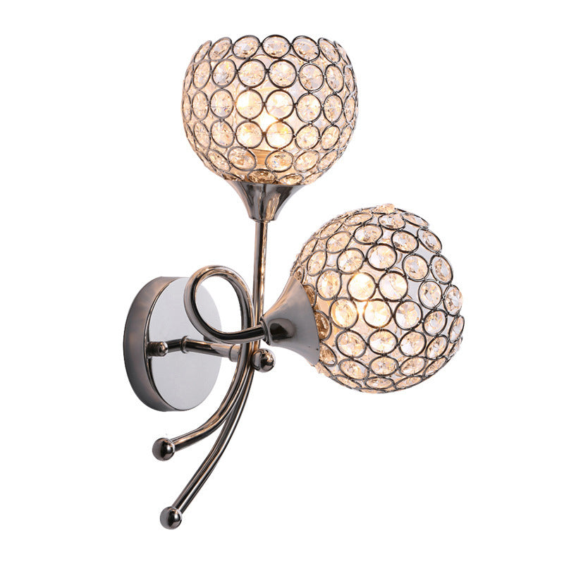 Contemporary Crystal Dome Sconce With Dual Heads - Wall Mounted Silver Light Fixture