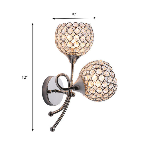 Contemporary Crystal Dome Sconce With Dual Heads - Wall Mounted Silver Light Fixture