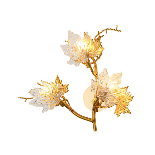 Modern Gold Maple Leaf Glass Sconce - Clear 3-Light Wall Fixture For Dining Room Lighting