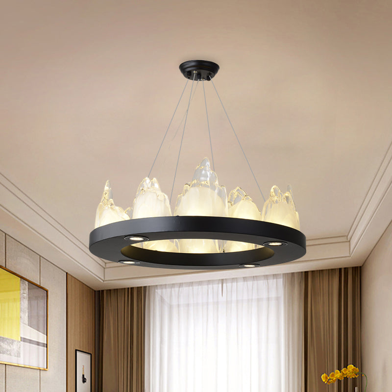 Black Modernism Led Ring Pendant Chandelier With Crystal Block For Living Room