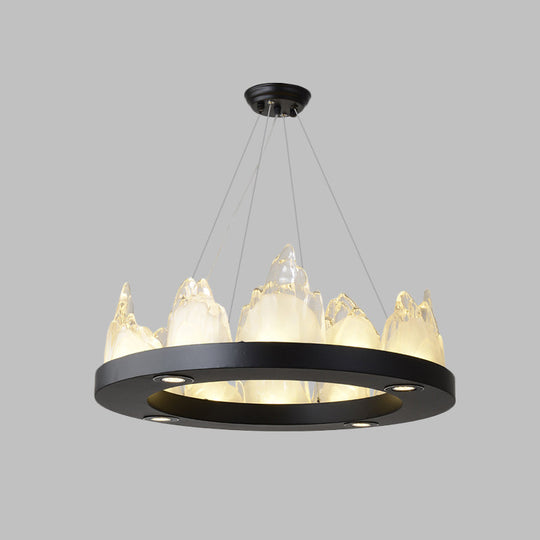 Black Modernism Led Ring Pendant Chandelier With Crystal Block For Living Room