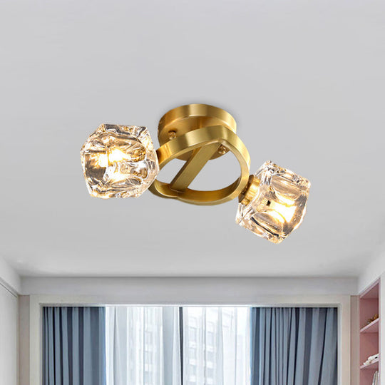 Minimalist Crystal Block Flush Ceiling Light in Brass - 2-Light Semi Flush Mount Fixture