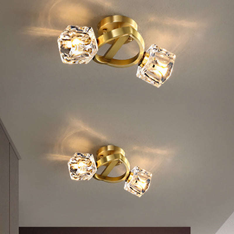 Minimalist Crystal Block Flush Ceiling Light in Brass - 2-Light Semi Flush Mount Fixture