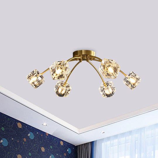 Cubic Restaurant Semi Flush Light with Clear Crystal Block - 6-Light Brass Flush Mount