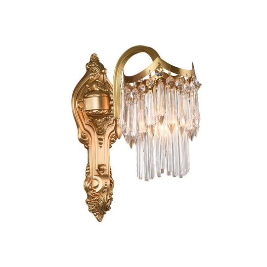 Modern Crystal Wall Sconce With Brass Finish And Carved Backplate - 2 Tiers Single Light Ideal For