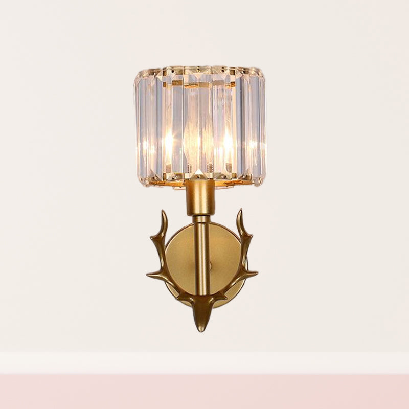 Contemporary Gold Crystal Cylinder Wall Sconce With Antler Decor 1 Bulb Living Room Light