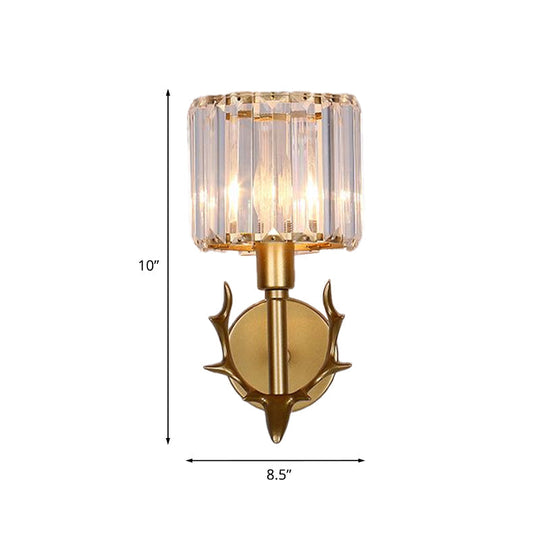 Contemporary Gold Crystal Cylinder Wall Sconce With Antler Decor 1 Bulb Living Room Light