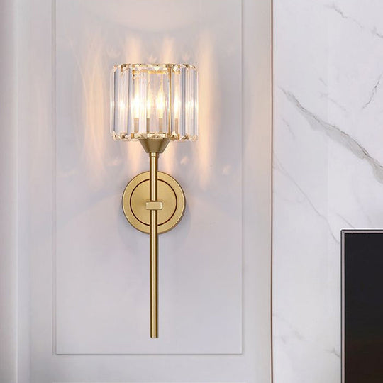 Gold Cylindrical Wall Lamp With Clear Crystal Block Sconce - Simplicity Design