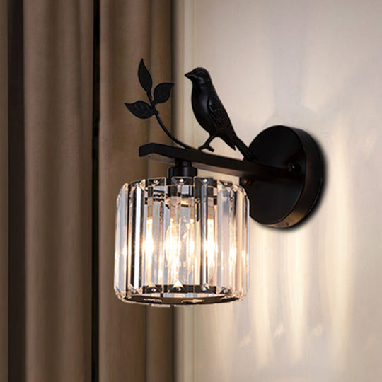 Minimalist Black/Gold Wall Sconce With K9 Crystal Cylinder And Bird Detail - 1 Bulb Light