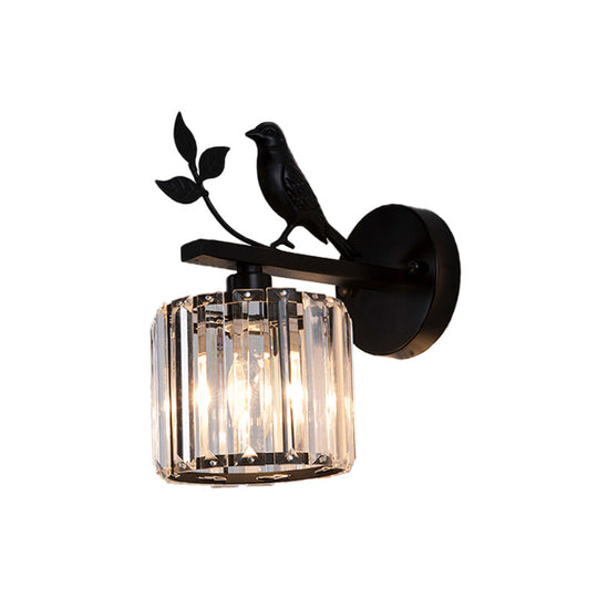 Minimalist Black/Gold Wall Sconce With K9 Crystal Cylinder And Bird Detail - 1 Bulb Light