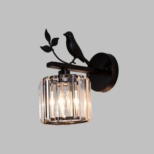 Minimalist Black/Gold Wall Sconce With K9 Crystal Cylinder And Bird Detail - 1 Bulb Light