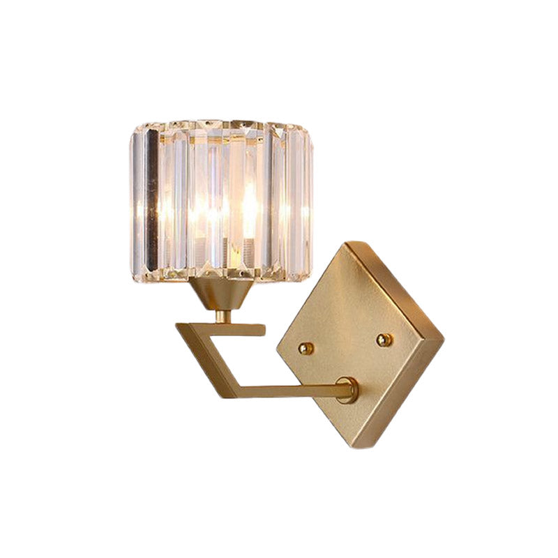 Minimalist Crystal Block Cylindrical Wall Sconce - Gold Finish