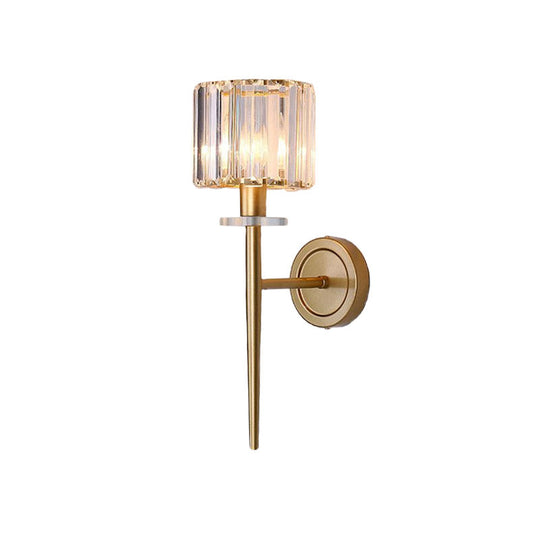 Gold Crystal Block Wall Sconce With Iron Pencil Arm - Cylindrical Design 1 Light Fixture