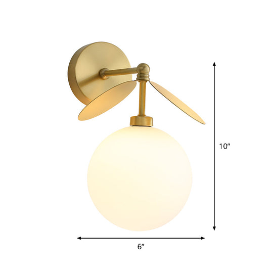 Modern Globe/Oval Wall Mount Lamp With Cream Glass - Brass Bedside Light Leaf Deco