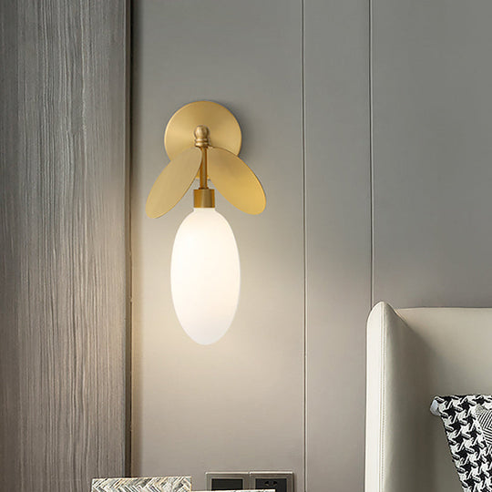 Modern Globe/Oval Wall Mount Lamp With Cream Glass - Brass Bedside Light Leaf Deco